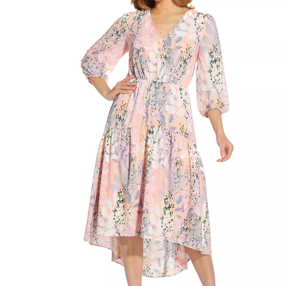 Adrianna Papell Pink Floral Long Sleeve High-Low Dress